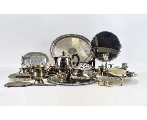 Collection Of Silver Plated Ware, Comprising A Four Piece & Three Piece Tea Service, Brush Set, Trays, Flatware etc