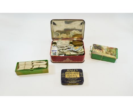 Mixed Lot Of Cigarette Cards Together With a Few Old Copper Pennies And Small Brass Snuff/Pill Box