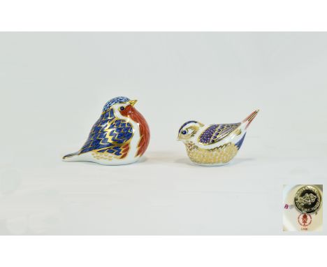 Royal Crown Derby Pair of Paperweights. Comprises 1/ Robin - Gold Stopper. Date 1995, 2.75 Inches High. 2/ Gold Crest - Gold 