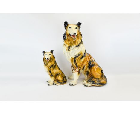 Rough Collie Dog Resin Figures Two in total, vintage Collie dog figures painted in dark brown, tan and white. Approx height, 