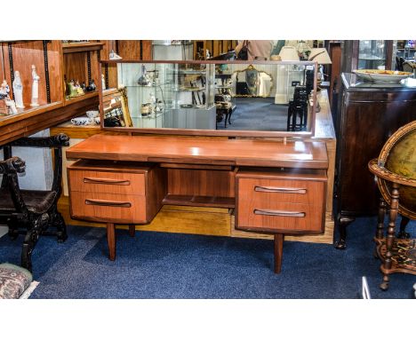 Rectangular Dressing Table. Mid Century light wood long dressing table with attached long, landscape mirror. Four drawers, go