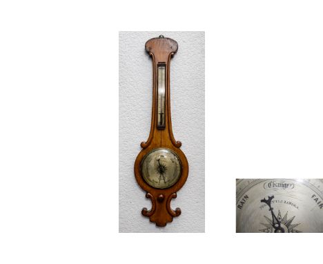 Negretti & Zambra Instrument Makers to Queen Victoria Golden Oak Cased Attractive Carved Mercurial Wheel Barometer. c.1880, w