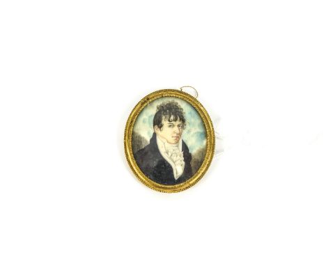 19thC Gilt Metal Hand Painted Oval Portrait Miniature of a young Gentleman (dandy!). 2.75 inches high.