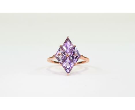 Rose de France Amethyst Lozenge Shape Ring, comprising four lozenge shape Rose de France amethysts, close set in rose gold ve