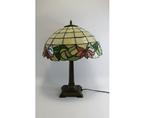 Tiffany Style Table Lamp with Cream, Green and Amber Shade. 23 Inches High. 