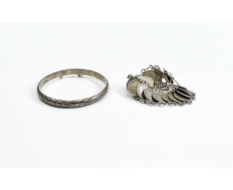 Dutch Coin Bracelet and Silver Bangle, the coins being 1930's/early 40's 10 cent pieces