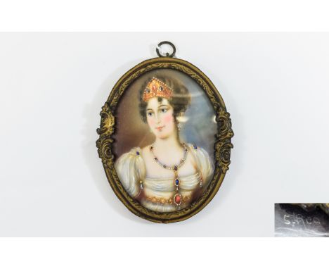 A 19th Century Signed Miniature Portrait on Ivory of Napoleons Empress Josephine, Set within an Ornate Oval Metal Frame. Port