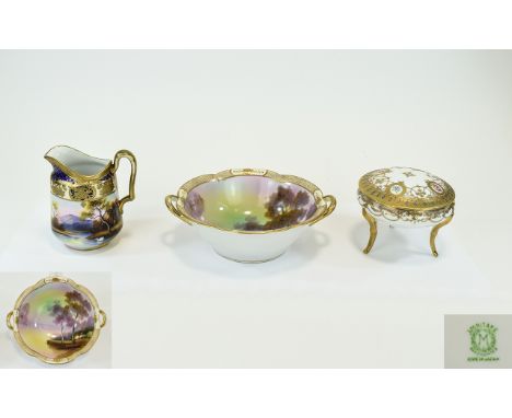 Noritake 1920's Superb Quality Jewelled Set lidded Trinket Dish standing on 4 splayed legs, painted in gold and turquoise on 
