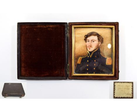 William IV Hand Painted Miniature Portrait of a Young NAvel Officer in uniform with gold buttons and gold shoulder pads. Date