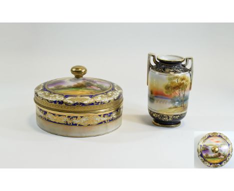 Noritake Very Fine Hand Painted Lidded Round Powder Bowl. c.1920. The Central Panel with Painted River and Landscape Scene wi