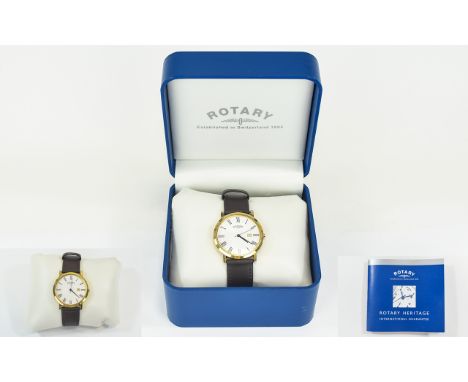 Rotary Windsor Gents Ultra Slim Date Just Gold Plated Wrist Watch on a fine black leather strap with pin buckle. White dial. 