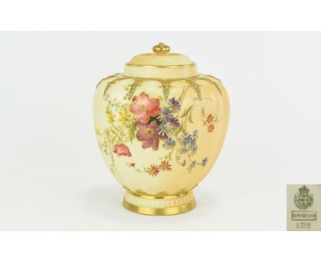 Royal Worcester Hand Painted Blush Ivory Lidded Vase, Decorated with Images of Spring Flowers on Ivory Ground. Painted Gold H