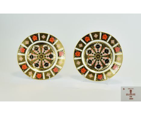 Royal Crown Derby Pair of Imari Patterned Cabinet Plates pattern no 1128. date 1975. Each cabinet plate 8.5 inches diameter, 