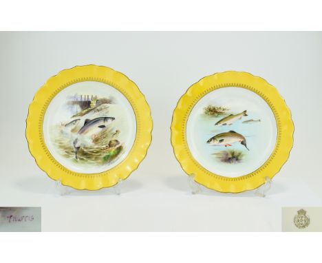 Royal Worcester Hand Painted Pair of Cabinet Plates, signed T.Harris, each showing a variety of fish in a natural setting, on