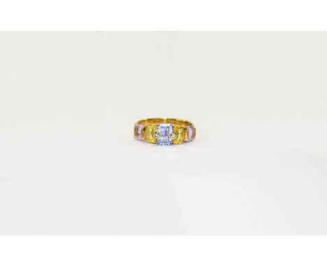 Ladies 18ct Rose Gold Set Five Stone Multi-Colour Sapphire Ring, of Excellent Quality, Set with Step Cut Sapphires of Differe