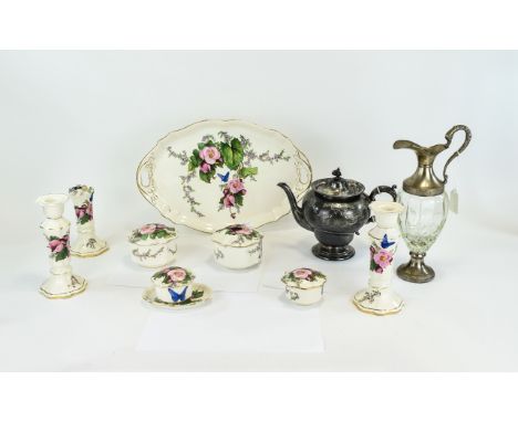 Nine Piece Ceramic  Dressing Table Set including tray, candlesticks, trinket pots etc. Together with silver plated teapot and