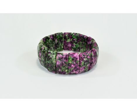 Ruby Zoisite Bracelet, an unusual natural gemstone with mottled leafy greens, mixed throughout with bright fuchsia to plummy 