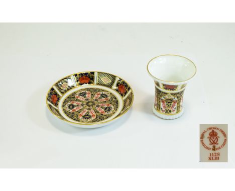 Royal Crown Derby Imari Patterned Miniature and Pin Dish. Pattern No 1128. Date 1990. Vase 2.5 Inches, Saucer 4.25 Inches Dia