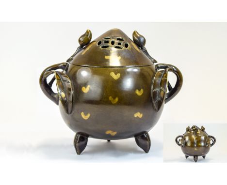 Chinese Impressive and Superb 17th / 18th Century Gold Splashed Lidded Bronze Censer, In The Form of  Large Pumpkin Decorated