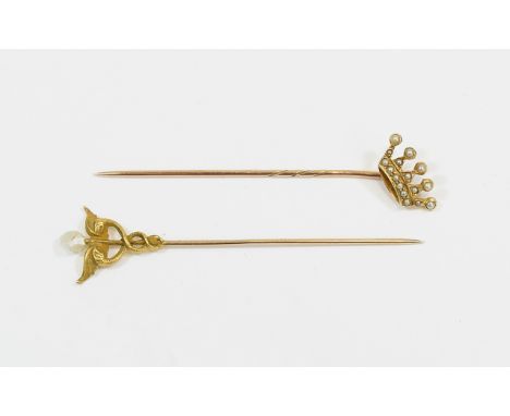 Victorian 15ct Gold Coronet Topped Stick Pin set with seed pearls. Plus a further antique unmarked gold stick pin with period