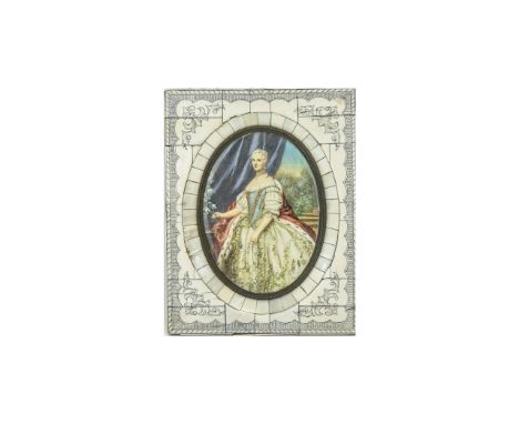 20thC Portrait Miniature with ivorine frame. Study of an 18thC Noble lady. 8 by 6.25 inches 