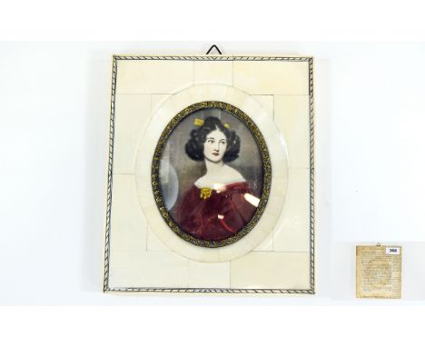 1930's Painted Miniature Portrait of a Young Victorian Lady, In Ivorine Frame. 5.75 x 5 Inches. 