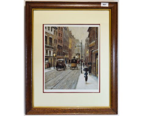 Arthur Delaney Ltd Edition and Numbered Colour Lithograph / Print. ' Bygone Manchester High Street ' Scene with Snow Falling.