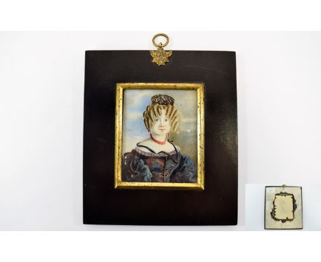 19thC Hand Painted Miniature Portrait of a young Spanish lady within an ebonised and metal frame. 3.25 by 2.5 inches.