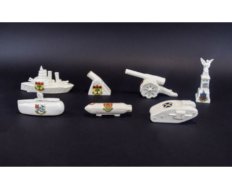 A Good Collection of Military Vintage and Antique Crested Ware (7) pieces in total. Mostly Arcadian. Includes Battleship, tan