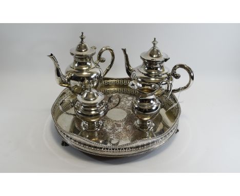 Plated Coffee & Tea Service  Comprising 5 items in total, to include ornate etched serving tray, teapot, coffeepot, creamer a