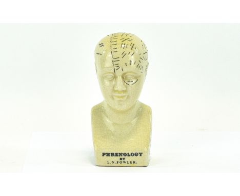 Ceramic Phrenology Head  Reproduction crackle glaze cream ceramic bust, marked 'Phrenology By L. N. Fowler' Approx height 6 i