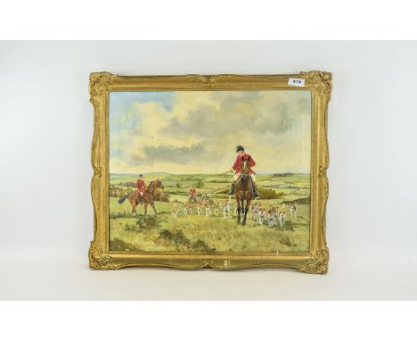 R L Harvey Contemporary Oil On Canvas, Hunting Interest, Showing Mounted Riders And Hounds 16 x 20 Inches