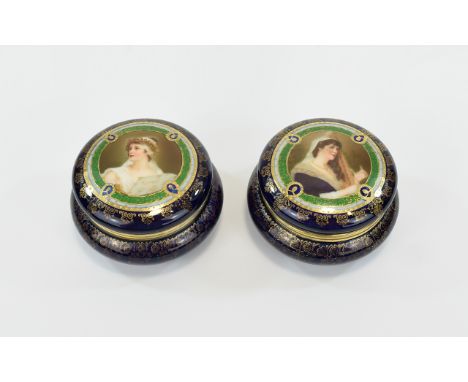 Royal Vienna Alexandra Porcelain Works Very Fine Pair of Hand Painted Portrait Lidded Trinket Jars/Boxes on a deep cobalt blu