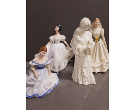 3 ROYAL DOULTON LADY FIGURES KATE MARJORIE AND BRIDE PLUS ROYAL WORCESTER ONCE UPON A TIME FIGURE