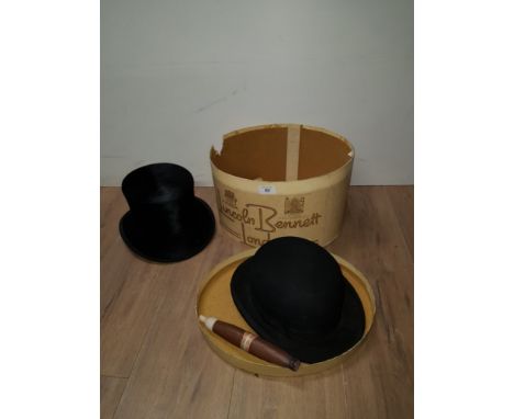 A VINTAGE TOP HAT IN FANTASTIC CONDITION AND A BOWLER HAT TOGETHER WITH A LINCOLN BENNETT HAT BOX