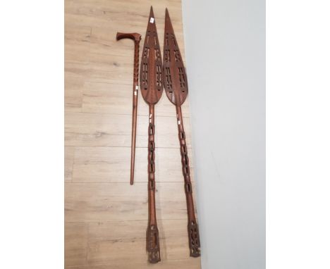 2 ORNAMENTAL SOUTH SEAS TRIBAL SPEARS AND WALKING STICK