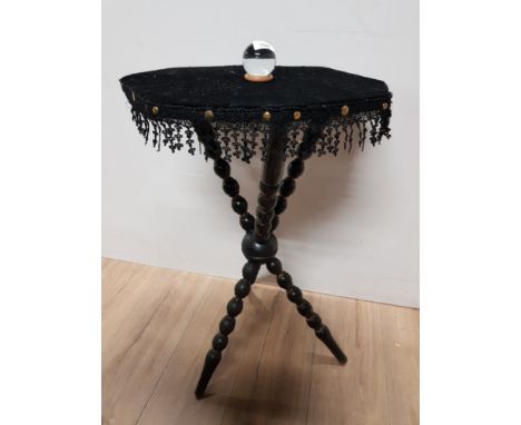 GYPSY OCCASIONAL TABLE ON TRIPOD BOBBIN SUPPORTS WITH CRYSTAL BALL