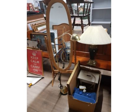 A CHEVAL MIRROR TOGETHER WITH 2 LAMPS AND A BOX CONTAINING A STOOL ETC
