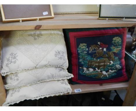 A quantity of cushions, 2 with hunting scenes