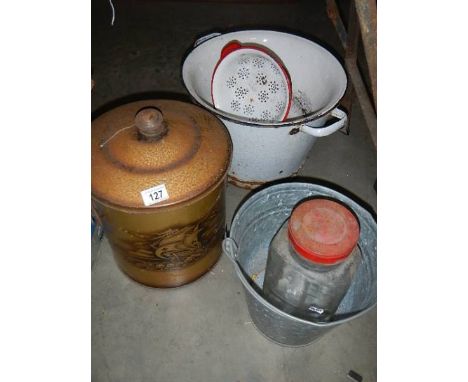 A quantity of misc metalware including galvanized bucket, large enamel wash bowl, lidded coal bucket etc