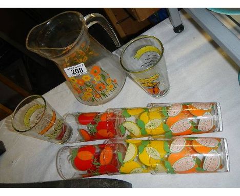 A vintage set of 6 colourful drinking glasses, a water jug and 2 other glasses, collect only