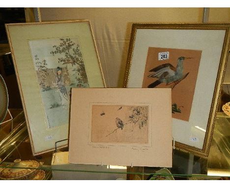 An unusual framed and glazed Chinese picture of a bird constructed with real feathers, a pen and ink drawing 'The Busy Bee' s