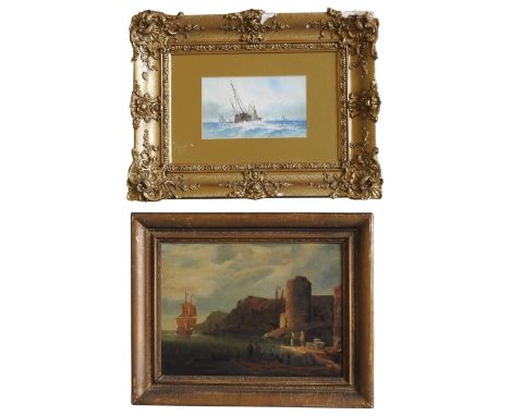 A 19TH CENTURY OIL ON BOARD OF TALL SHIP APPROACHING QUAY SIDE, and a water colour of ships in stormy seas, the oil on panel 