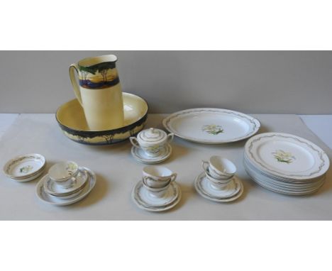 A COLLECTION OF JAPANESE AICHA CHINA DINNER WARE, along with a Royal Doulton jug and basin 