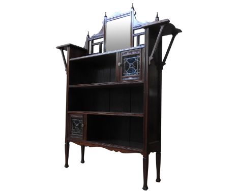 A LATE 19TH CENTURY MAHOGANY FOUR TIER BOOKSHELF, in the Aesthetic style, with mirrored back top flanked by bracket shelves, 