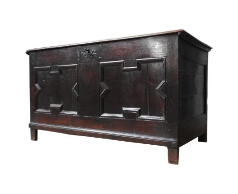 A CHARLES II OAK COFFER, of simplistic form, the moulded front panel bearing the initials I.E, 65 x 118 x 54 cm