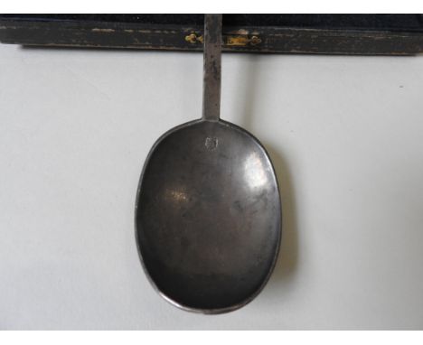 A 17TH CENTURY SILVER PURITAN SPOON,&nbsp; circa 1660, by Jeremy Johnson, London, along with silver mounted novelty hunting w