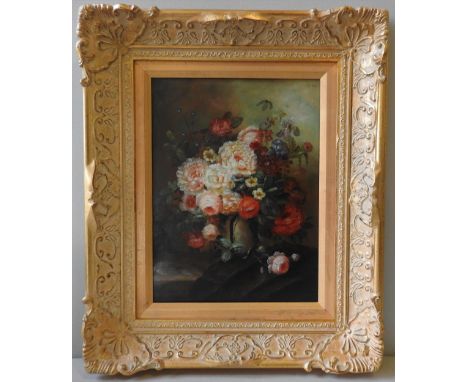 A 20TH CENTURY FLORAL STILL LIFE OIL PAINTING ON PANEL, unsigned, 39.5 x 29 cm 