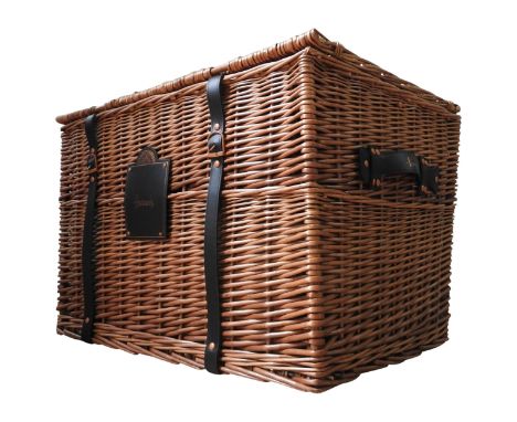A HARRODS WICKER HAMPER, with material lined interior, leather strap buckle fasteners and label, 43 x 65 x 45 cm