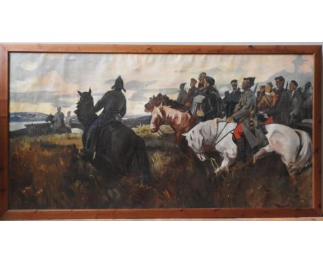 LARGE MID 20TH CENTURY OIL PAINTING ON PANEL OF UKRAINIAN COSSACKS SINGING FAREWELL TO THEIR HOMELAND BEFORE LEAVING FOR BATT